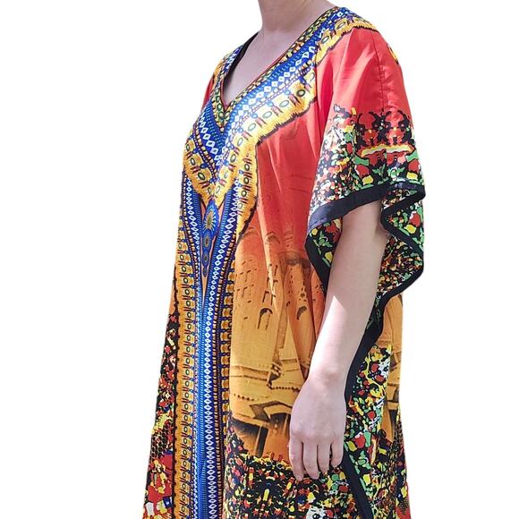 Red Yellow Orange Blue VNeck Kaftan Muu Muu Pool Beach Cover Up Dress India OSFM - Picture 2 of 13